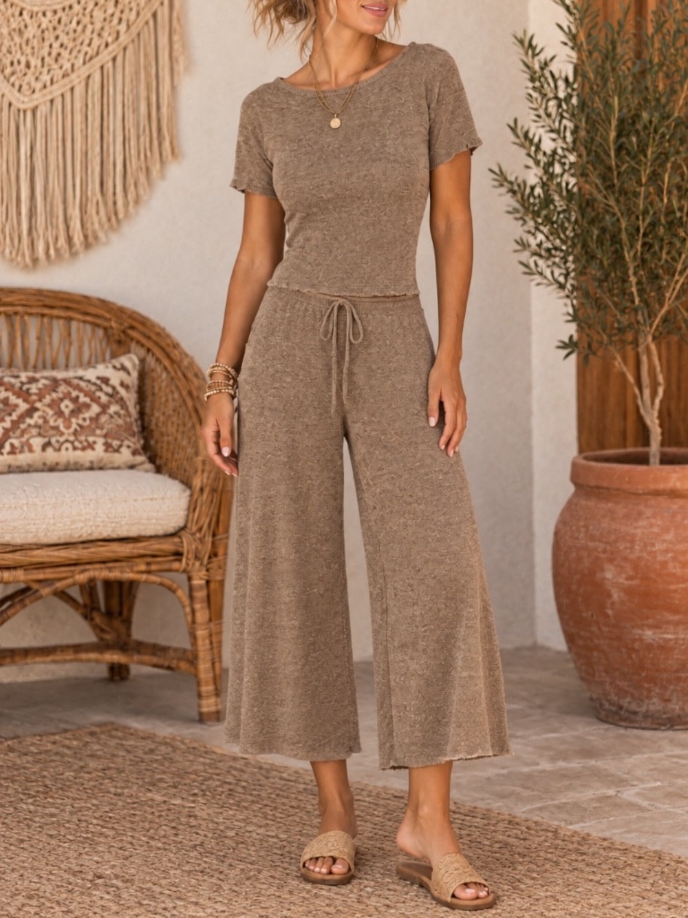 FREE PEOPLE Set Two Piece Sweater Short Sleeve Top/Wide Leg Cropped Pants Small